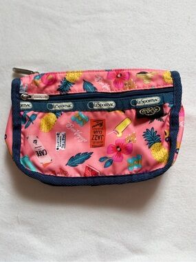 LeSportsac Travel Cosmetic zip pouch, pink with Navy trim- Tropical Voyage